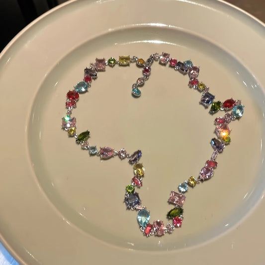 1pc Multicolor Crystal Necklace, Sweetheart Candy-Inspired, Luxurious Geometric Shape Rainbow Design