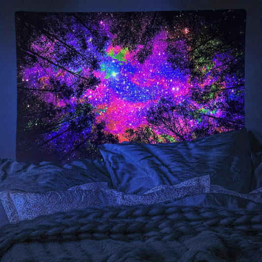 1pc Enchanting Forest Night Scene Fluorescent Tapestry - Vibrant for Galaxy Wall Hanging, UV BlackLight Reactive, Polyester Suede Fabric, Ideal for Bedroom, Living Room, Office Decor - Free Installation Kit Included, Celestia