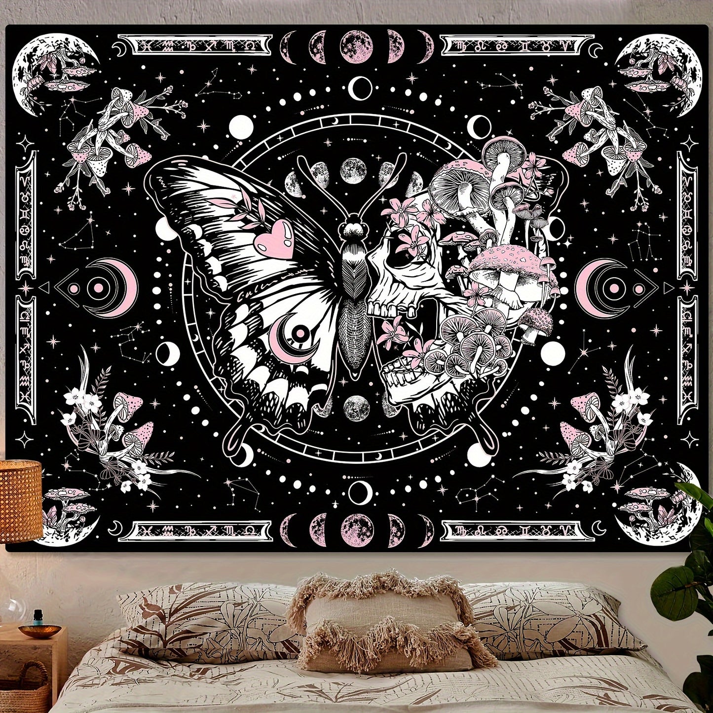 Skull Butterfly Tapestry Pink Skull Hippie Mushroom Plant Bedroom Tapestry Moon Phase Aesthetic Tapestry Living Room Dormitory Wall Hanging Tapestry Pink)