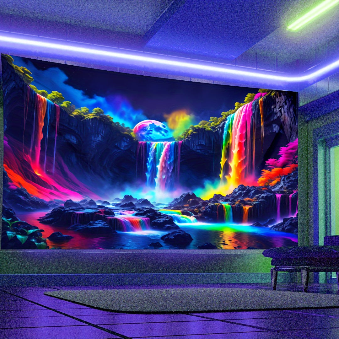 1pc  Waterfall With Rainbow Forest Nightscape Fluorescent Tapestry, Galaxy Nature Landscape Polyster UV Blacklight Tapestry, Holiday Gift, Wall Hanging For Living Room Bedroom Office Home Decor/Room Decor/Party Decor, With Fr