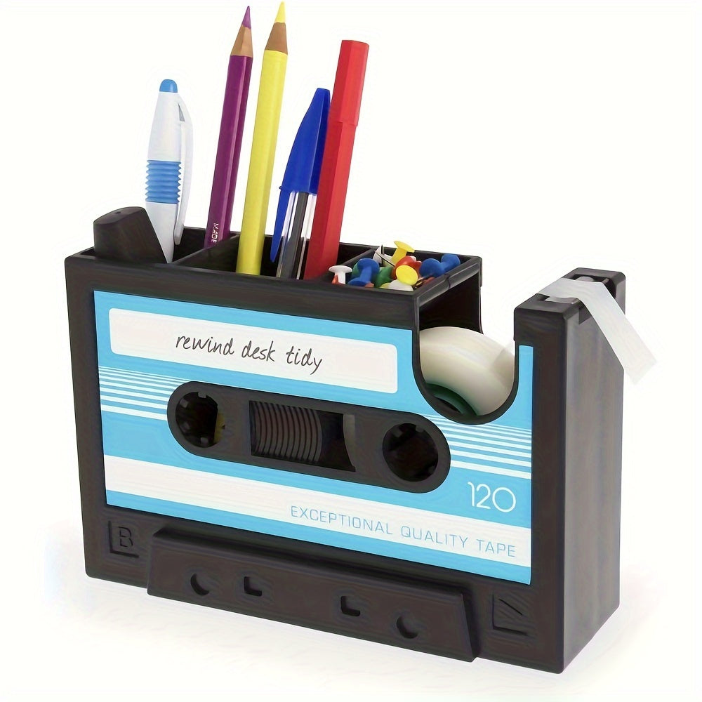 Retro Cassette Tape Dispenser & Pen Holder - Black ABS Resin Desk Organizer, Office Stationery Caddy with Vase Design