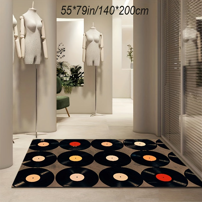 Crystal Velvet Black Vinyl Record Retro Music Enthusiast Carpet Commercial Home Decoration Carpet Store Bedroom Living Room Study Entrance Soft Earth Carpet Easy To Clean Anti-slip Waterproof Mat