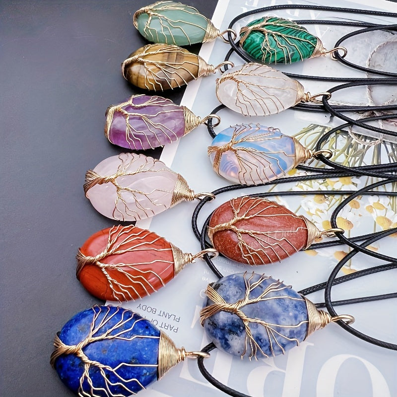 1pc Natural Crystal Droplet Cooper Tree Of Life Charm Pendant Necklace, Black Faux Leather Chakra Gemstone Jewelry Gifts For Women Men