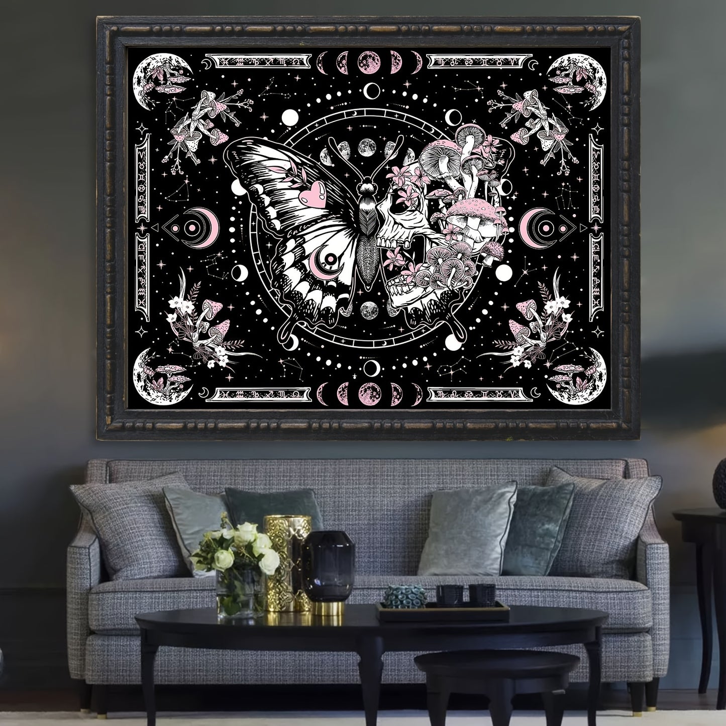 Skull Butterfly Tapestry Pink Skull Hippie Mushroom Plant Bedroom Tapestry Moon Phase Aesthetic Tapestry Living Room Dormitory Wall Hanging Tapestry Pink)