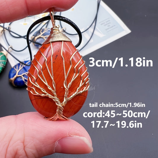 1pc Natural Crystal Droplet Cooper Tree Of Life Charm Pendant Necklace, Black Faux Leather Chakra Gemstone Jewelry Gifts For Women Men