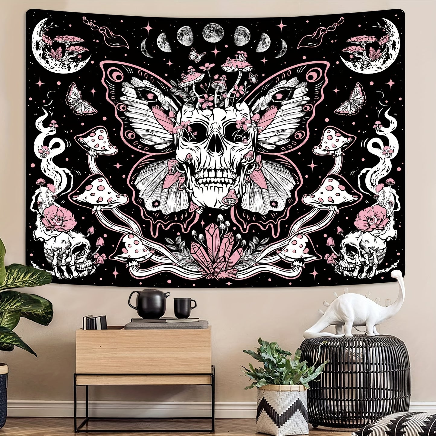 1pc Skull Floral Tapestry, Mushroom Skeleton Goth Tapestry Garden Aesthetic Tapestries For Bedroom Dorm Room Office Home Decor For Halloween