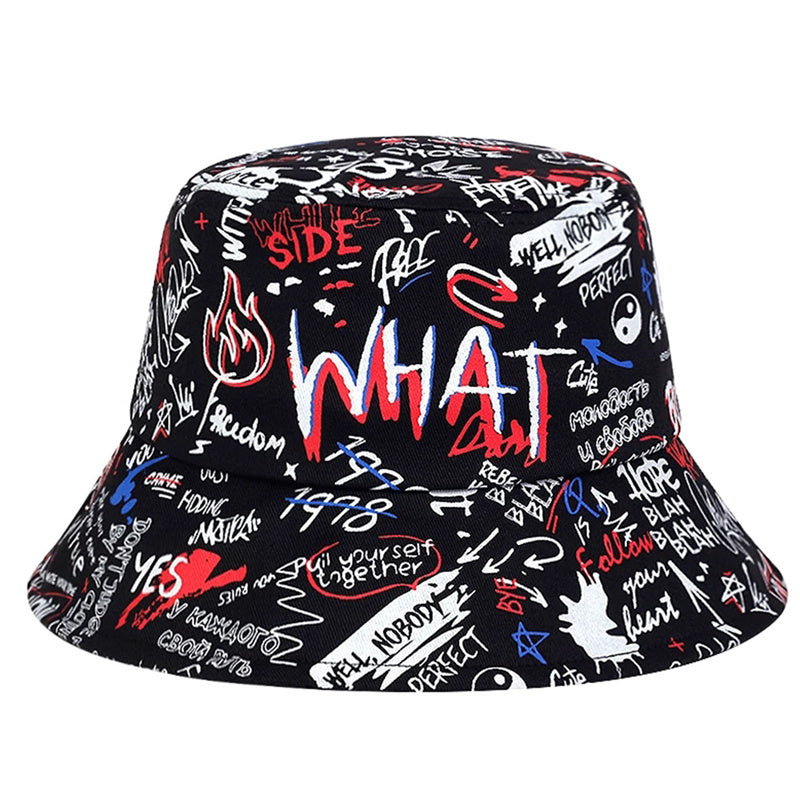 1 Men's "What" Graffiti-Style Bucket Hat - Streetwear Polyester, Hand-Washable, Black with Colorful Typography & Graphics, Perfect for Trendy Outfits