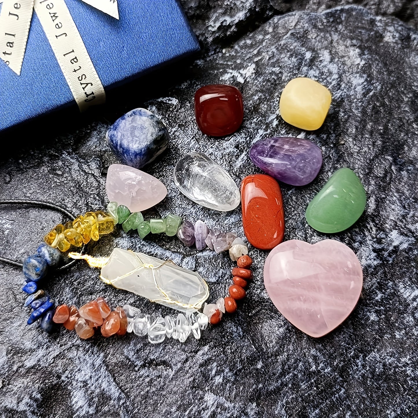 11pcs/set Crystals Gemstones Set, Raw Chakra Stones Colorful Bracelet & Heart Shape Gemstones & Hexagonal Crystal Necklace, Festival Gift & Collection