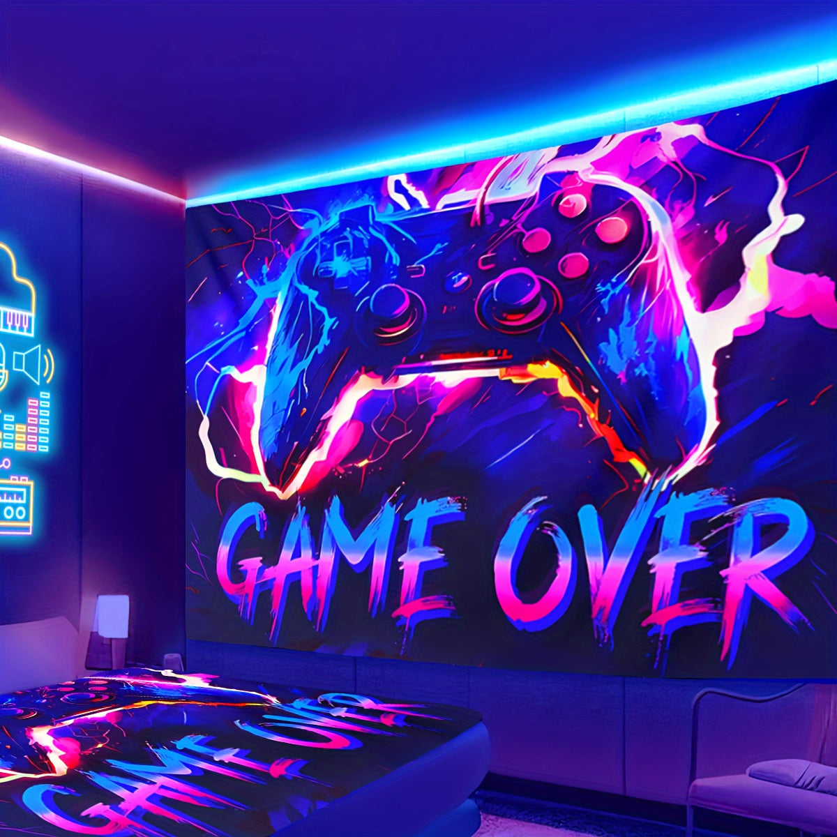1pc Fluorescent Gaming Tapestry - Vibrant Gaming Theme, UV Blacklight Neon Lights - Ideal for Game Rooms, Dorms, Living Spaces - Enhance Your Home Decor with Dynamic Glow - Free Installation Kit Included