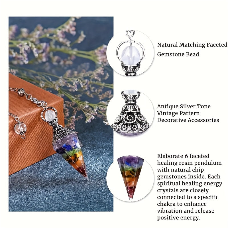 1pc 7 Chakra Crystal Stone, Faceted Pendant Pendulum, Life Tree Pendulum For Divination, Wizardry