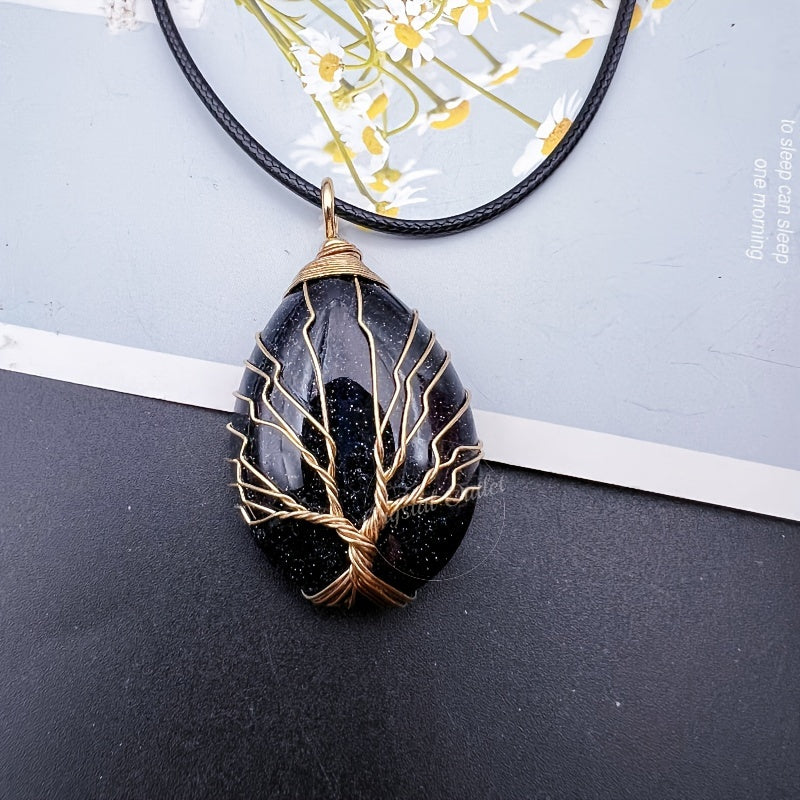 1pc Natural Crystal Droplet Cooper Tree Of Life Charm Pendant Necklace, Black Faux Leather Chakra Gemstone Jewelry Gifts For Women Men