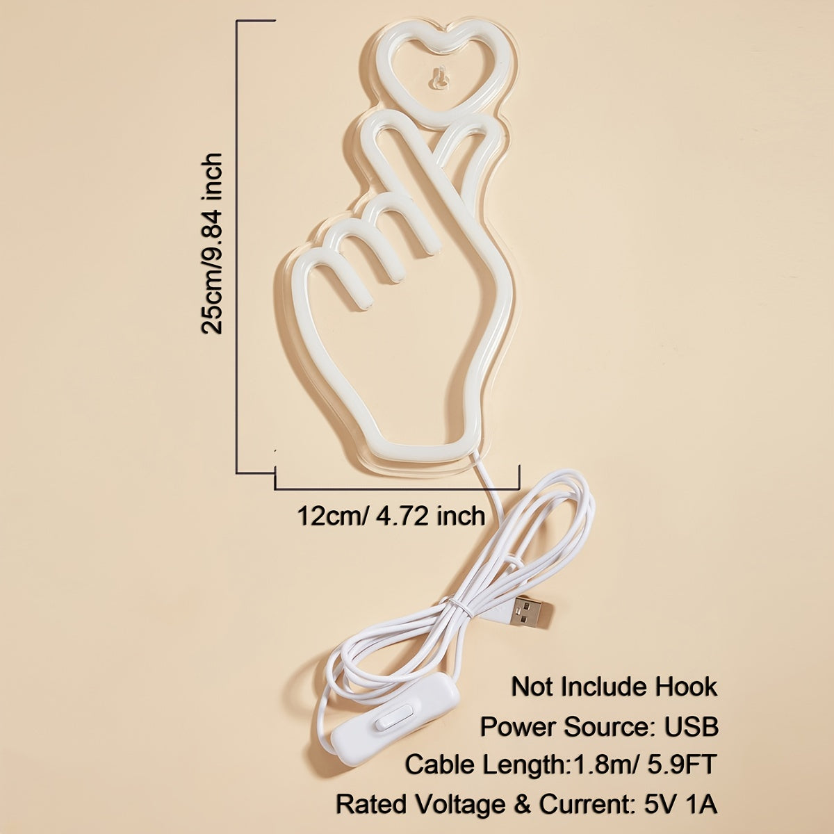 [LED Neon Sign] 1pc LED Neon Sign, Finger Heart Design | 5V USB Powered, Plastic, Wall Hanging, Switch Control, Bedroom Decor, No Battery Required