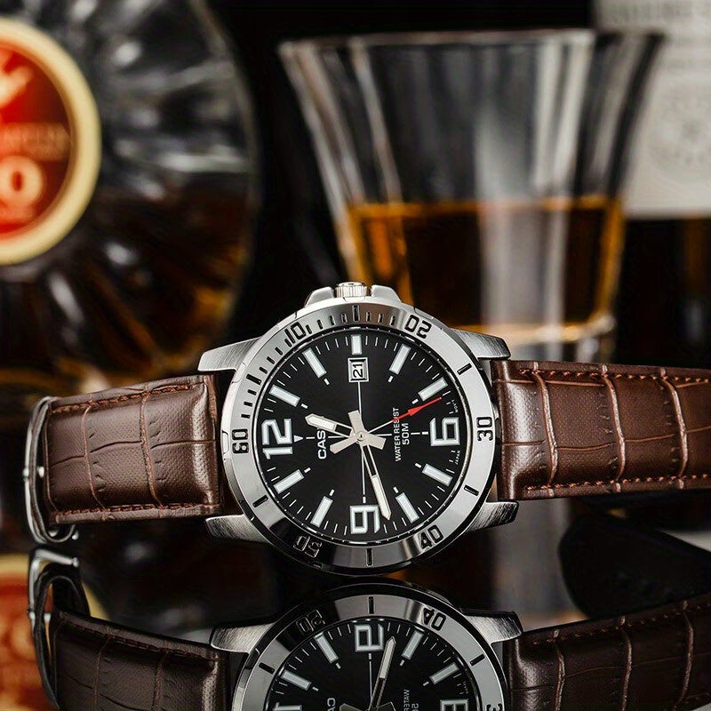 Casio Quartz Date Watch 50M Water Resistant Leather Strap