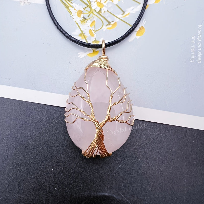 1pc Natural Crystal Droplet Cooper Tree Of Life Charm Pendant Necklace, Black Faux Leather Chakra Gemstone Jewelry Gifts For Women Men