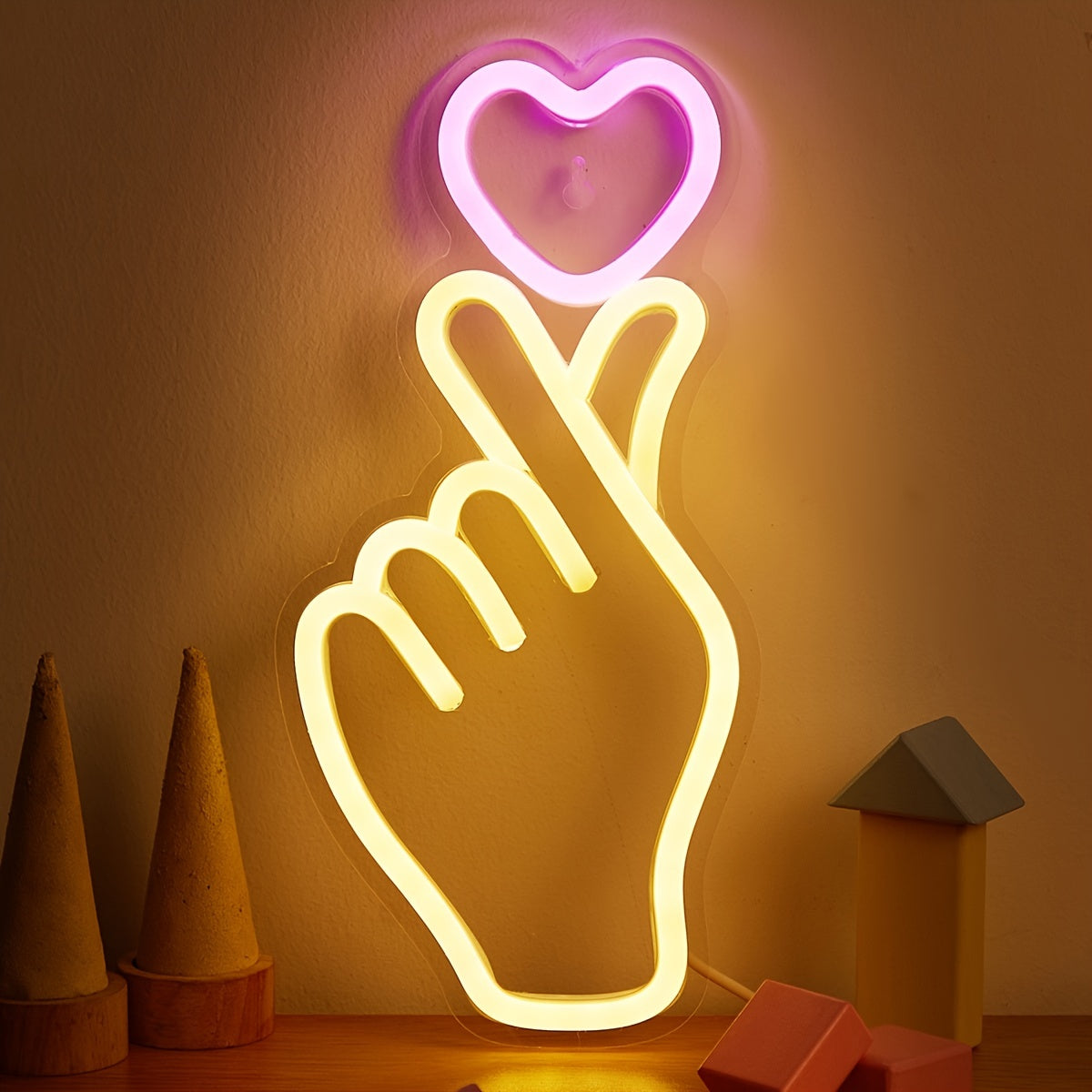 [LED Neon Sign] 1pc LED Neon Sign, Finger Heart Design | 5V USB Powered, Plastic, Wall Hanging, Switch Control, Bedroom Decor, No Battery Required