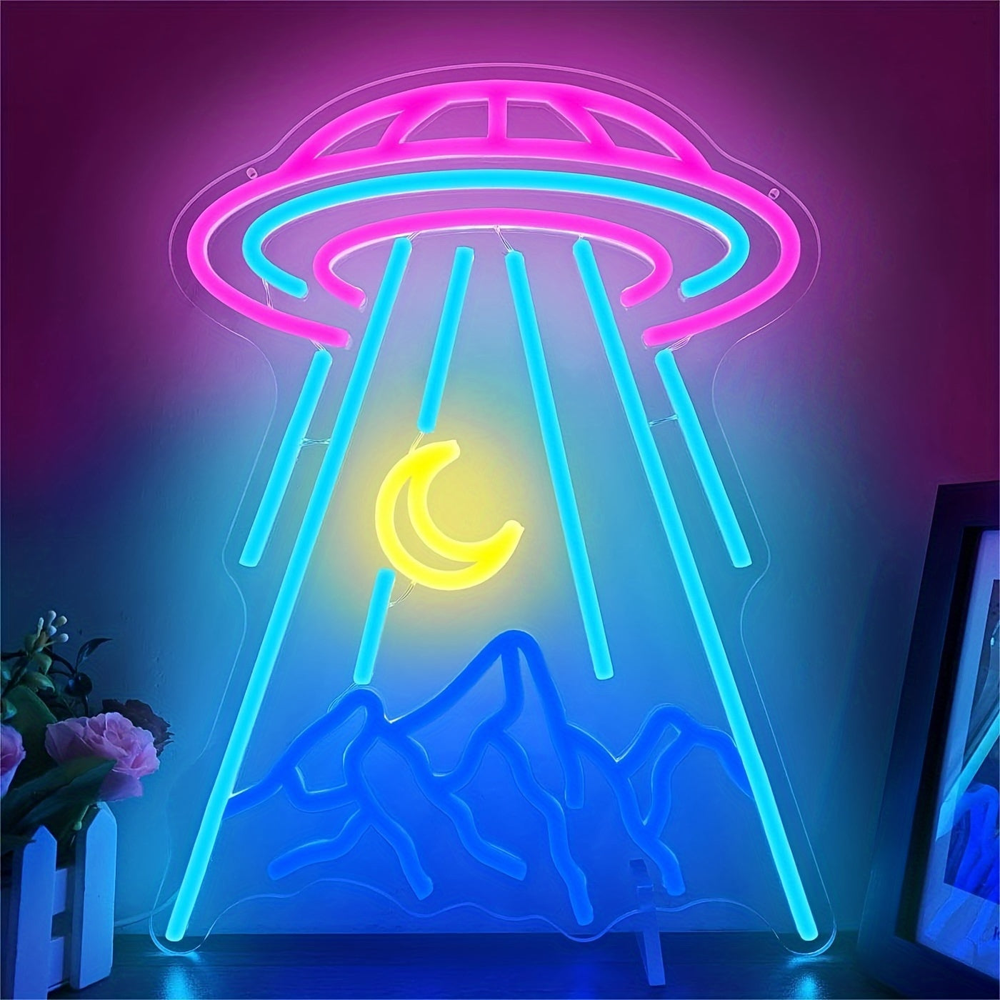 UFO & Moon LED Neon Sign - Dimmable Alien Spaceship Wall Decor for Bedroom, Game Room, Beer Bar, Nightclub, and Shop - USB Powered