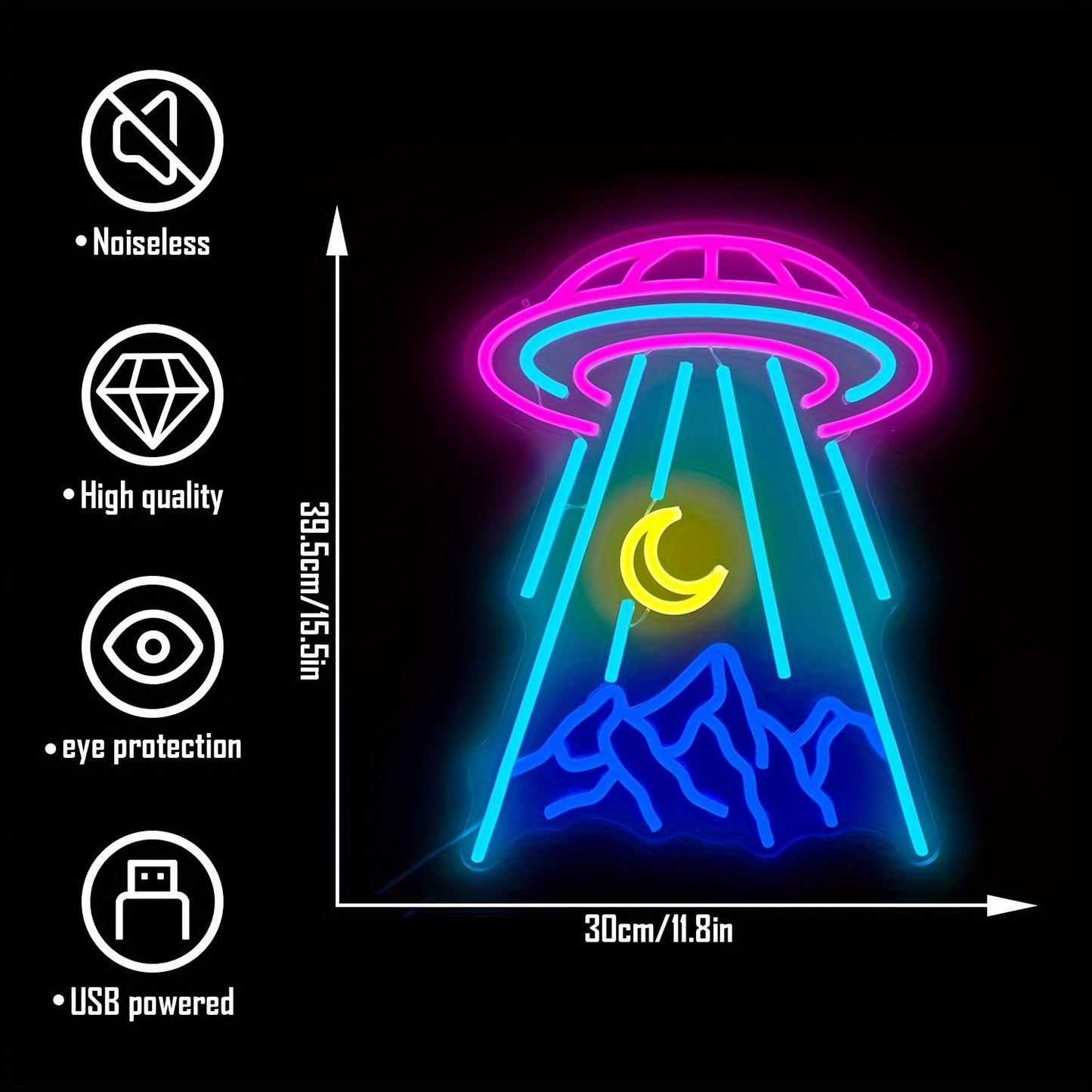 UFO & Moon LED Neon Sign - Dimmable Alien Spaceship Wall Decor for Bedroom, Game Room, Beer Bar, Nightclub, and Shop - USB Powered