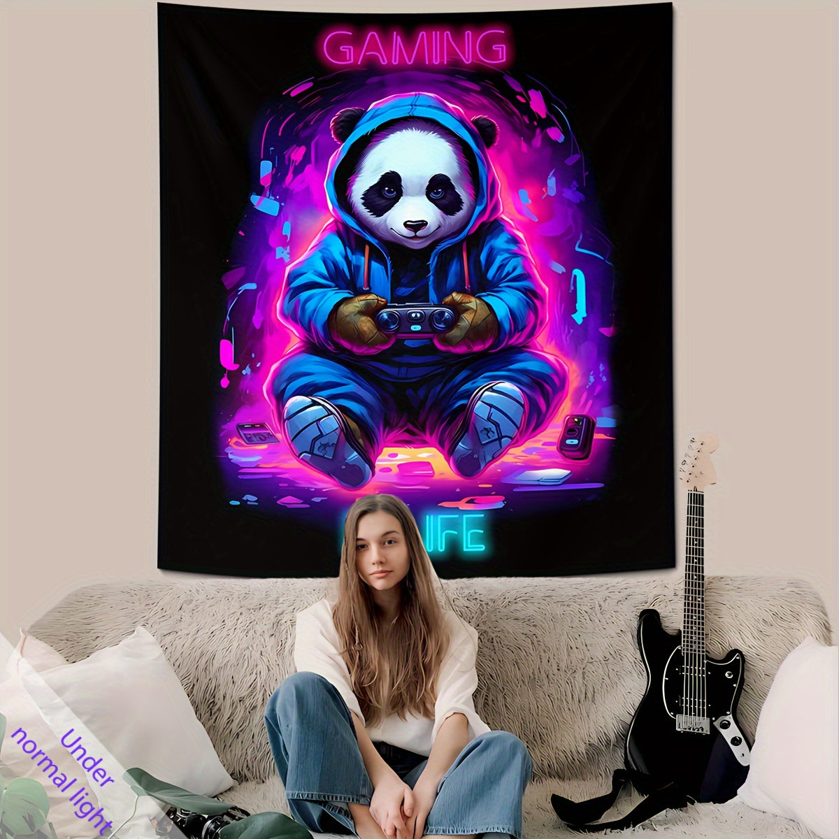 UV-Blacklight Panda Tapestry for Gamers' Rooms & Bedrooms - Easy Install, Cosmic Space Theme