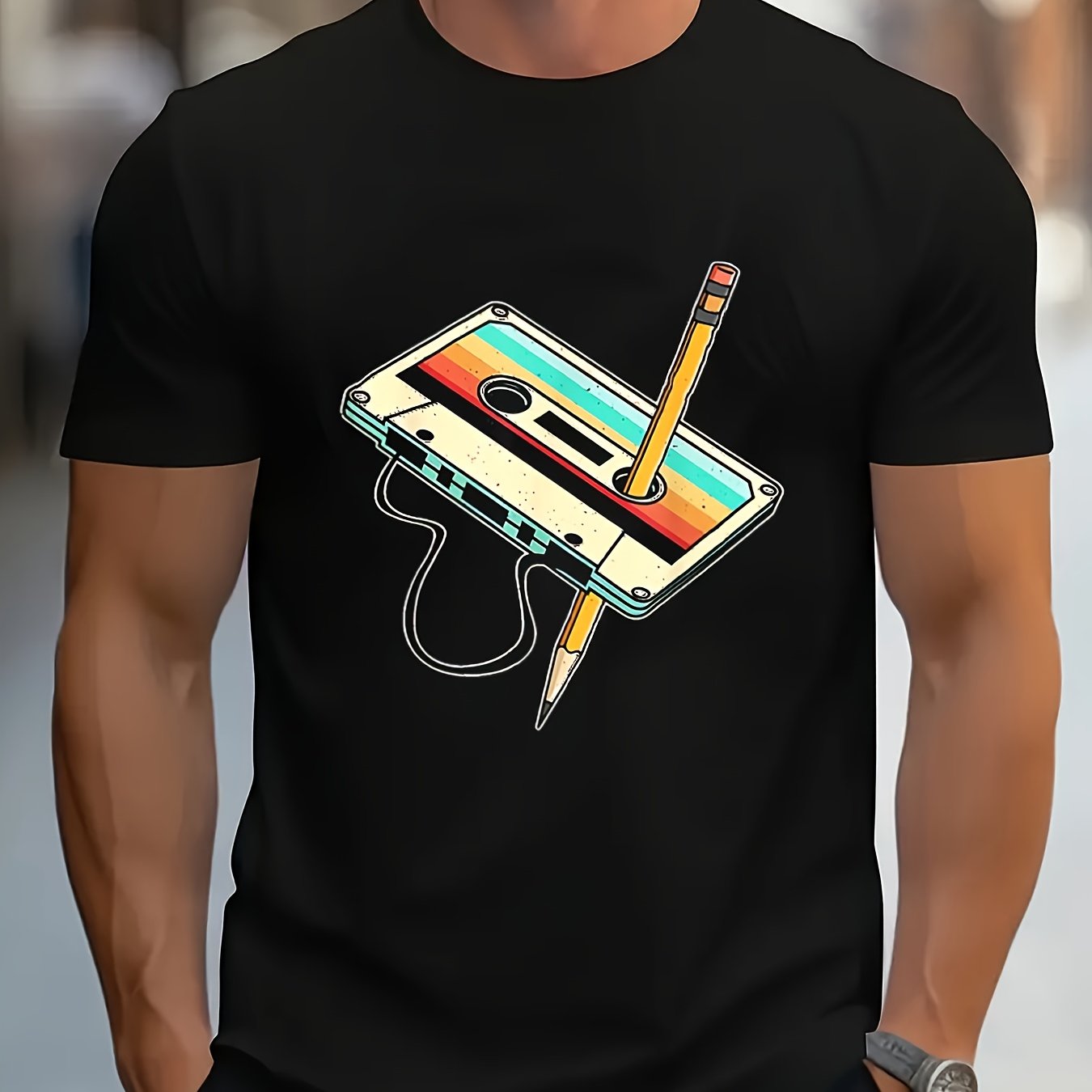 80s Retro Nostalgia 1980s Cassette Tape Pencil Music T-Shirt for Summer, Spring and Autumn Wear