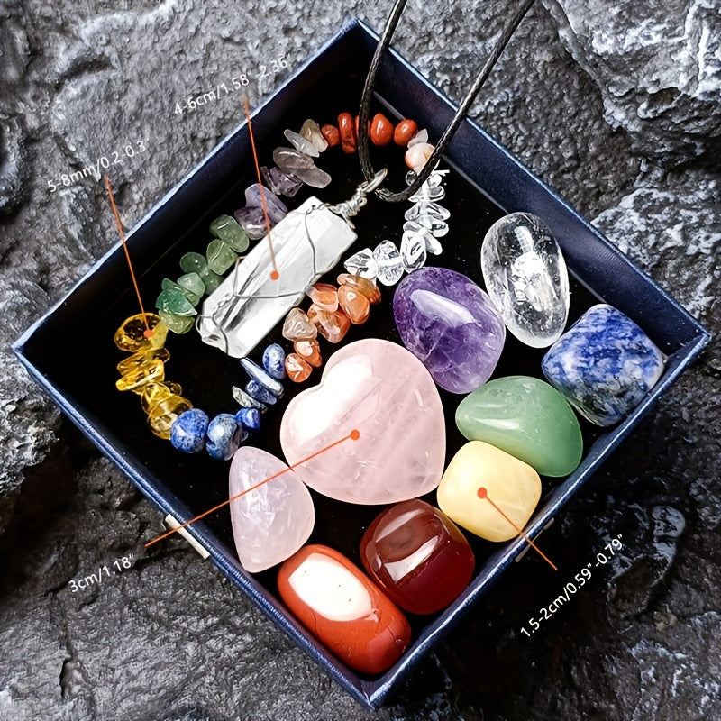 11pcs/set Crystals Gemstones Set, Raw Chakra Stones Colorful Bracelet & Heart Shape Gemstones & Hexagonal Crystal Necklace, Festival Gift & Collection