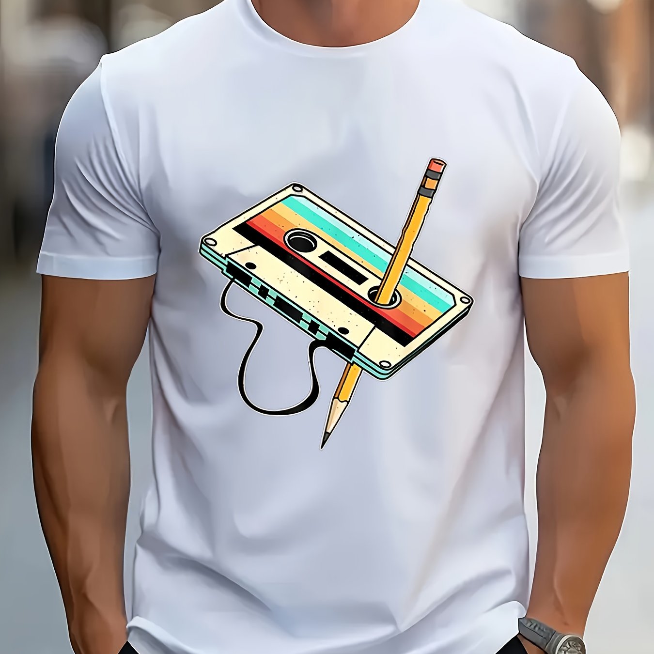 80s Retro Nostalgia 1980s Cassette Tape Pencil Music T-Shirt for Summer, Spring and Autumn Wear