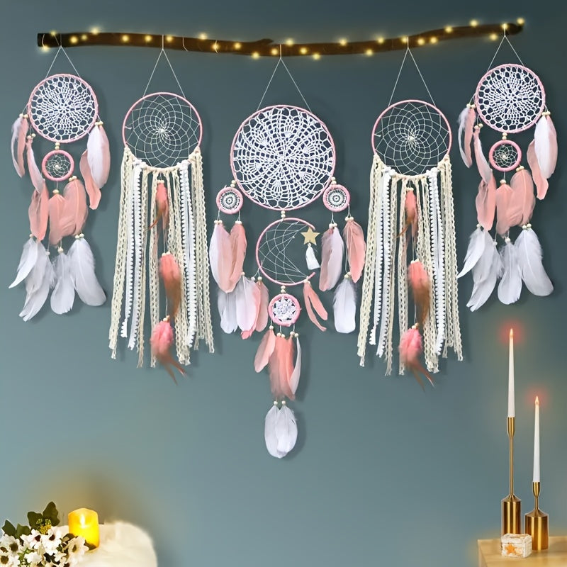 Bohemian Dream Catcher Wall Hanging Set of 5, European Style Home Decor, Feathered Handmade Dream Catchers for General Use, Universal Holiday Decor, No Electricity Required - 1 Set