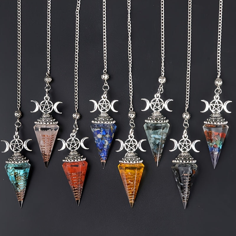 1PC Seven Chakra Gravel Resin Artificial Crystal Pendant, Divination Moon Chakra Hexagonal Cone Pendulum