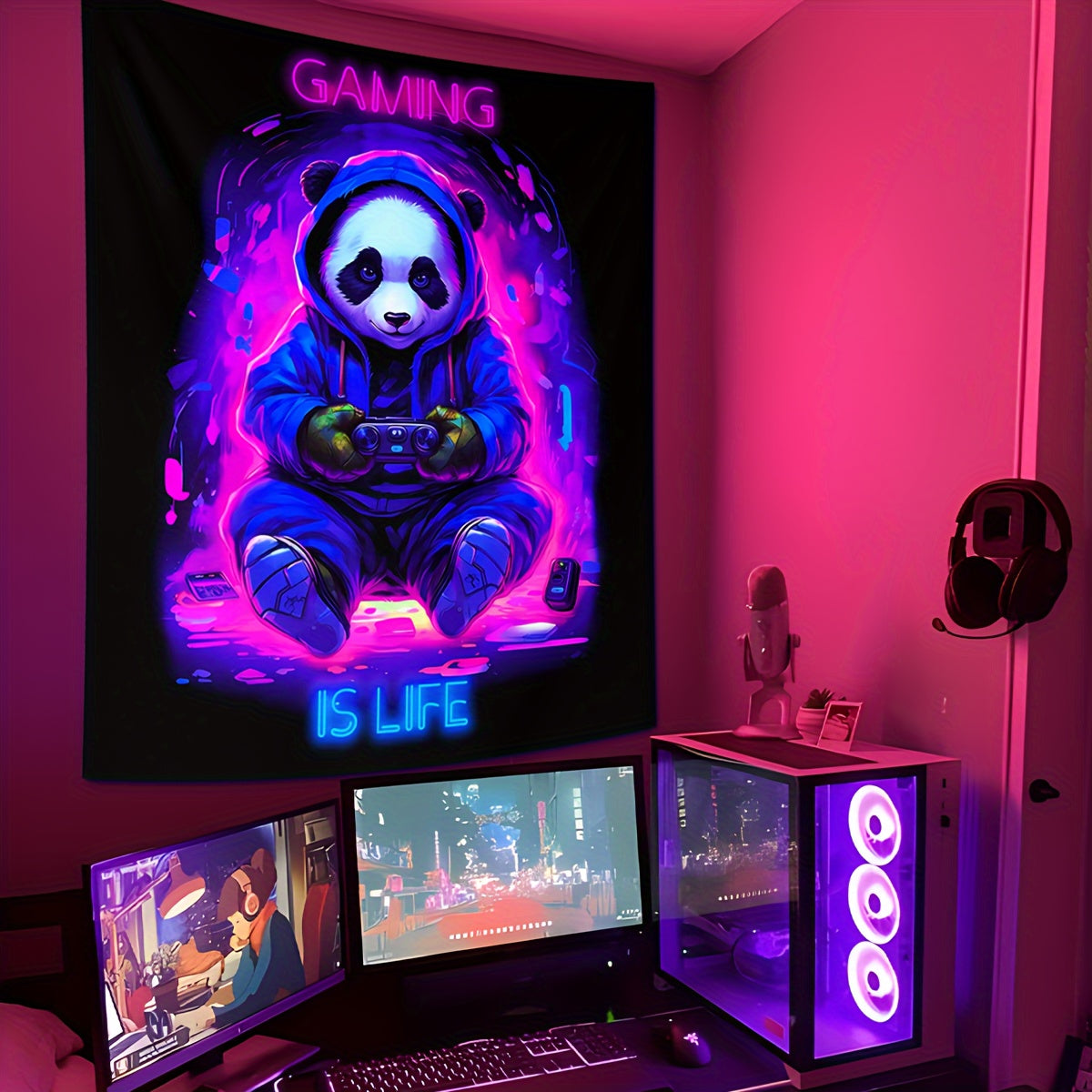 UV-Blacklight Panda Tapestry for Gamers' Rooms & Bedrooms - Easy Install, Cosmic Space Theme
