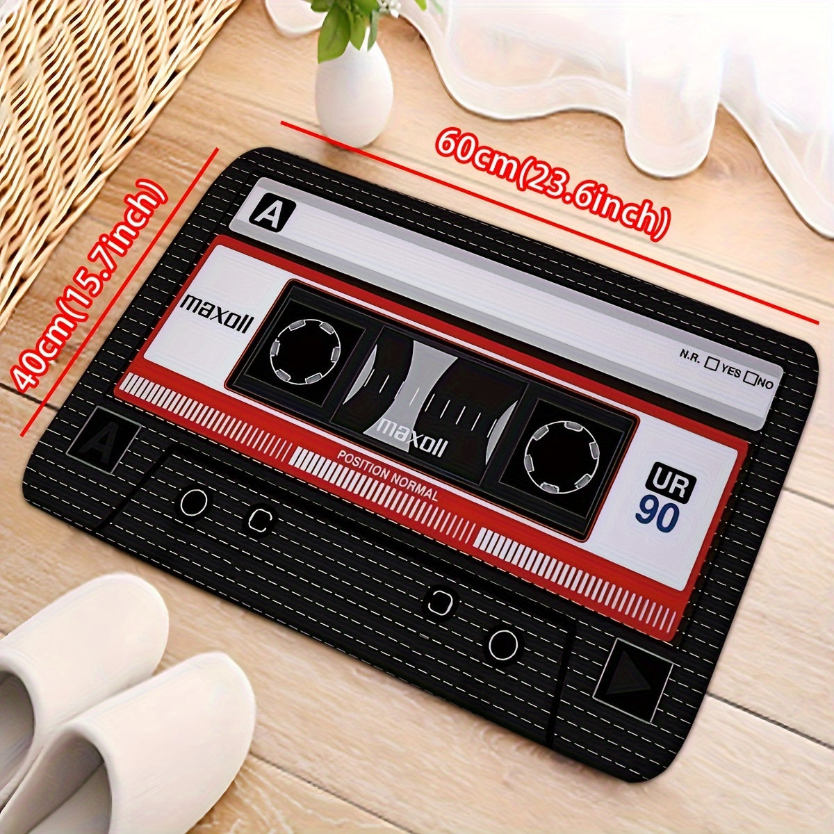 Retro Cassette Tape Design Soft Flannel Anti-Slip Rug Pad - Machine Washable, Rectangle, Braided Weave, Medium Pile, Machine Made Polyester, Non-Slip Backing for Kitchen, Bathroom, Indoor Entrance, Decorative Floor Mat for Li