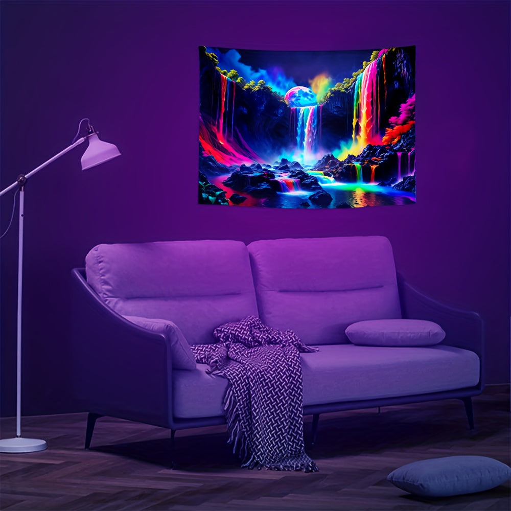 1pc  Waterfall With Rainbow Forest Nightscape Fluorescent Tapestry, Galaxy Nature Landscape Polyster UV Blacklight Tapestry, Holiday Gift, Wall Hanging For Living Room Bedroom Office Home Decor/Room Decor/Party Decor, With Fr