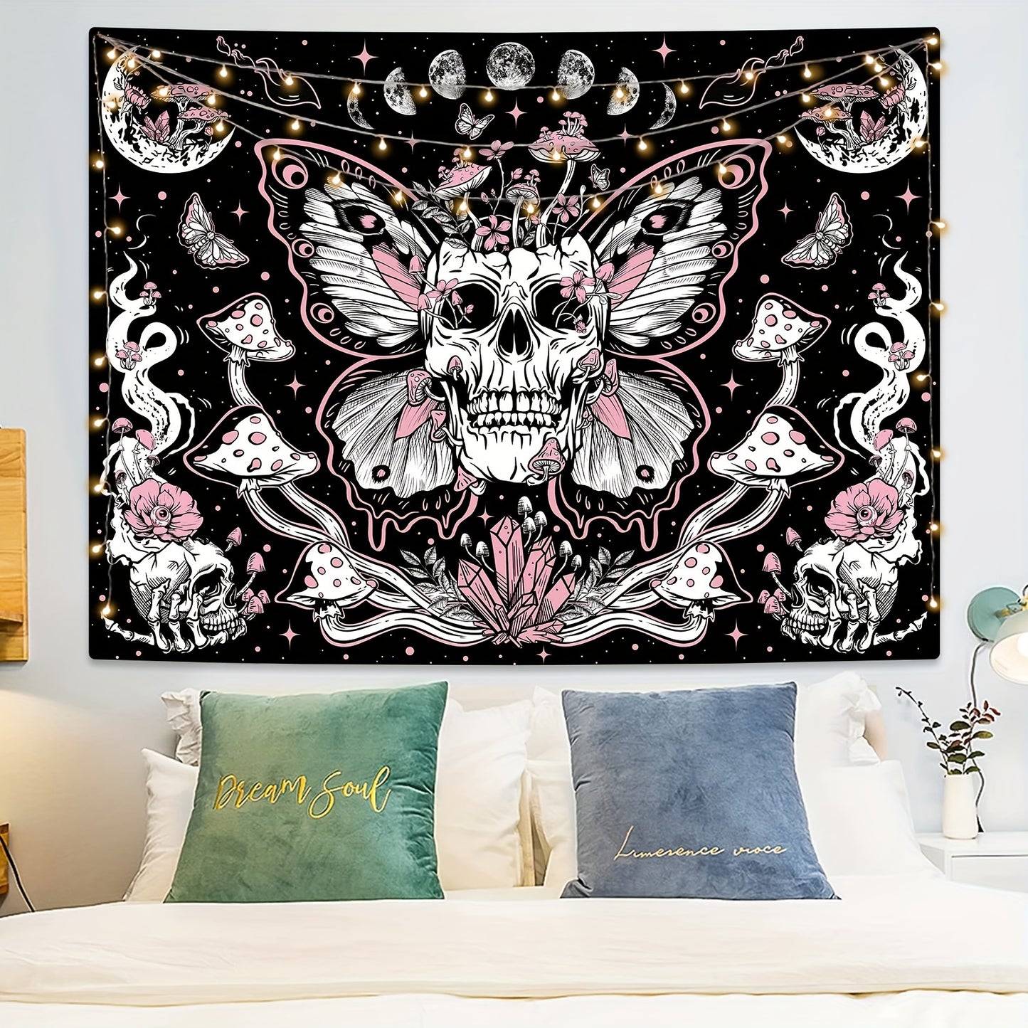 1pc Skull Floral Tapestry, Mushroom Skeleton Goth Tapestry Garden Aesthetic Tapestries For Bedroom Dorm Room Office Home Decor For Halloween