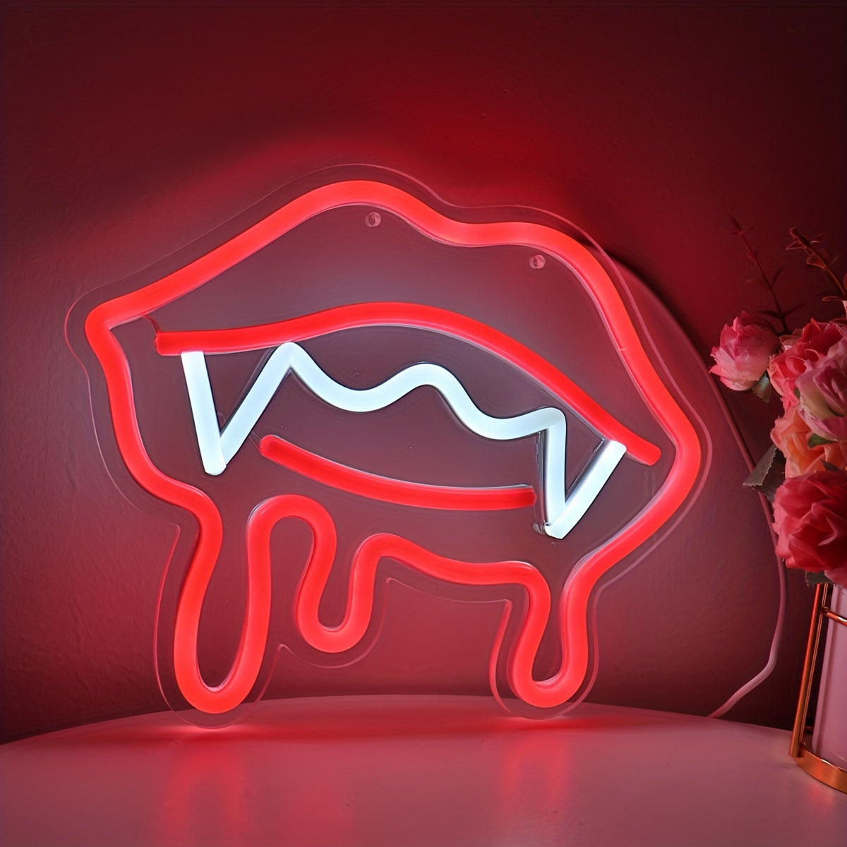 Vampire Lips LED Neon Sign - USB Powered Wall Art for Parties, Pubs & Clubs Decor, 9.84''x8.07''
