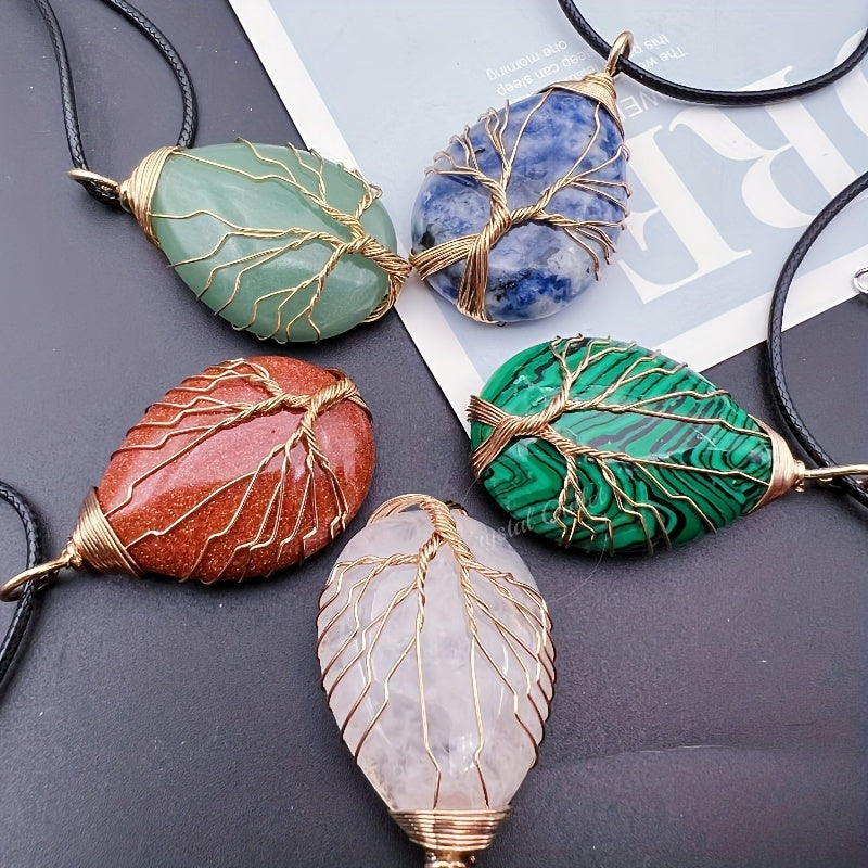 1pc Natural Crystal Droplet Cooper Tree Of Life Charm Pendant Necklace, Black Faux Leather Chakra Gemstone Jewelry Gifts For Women Men