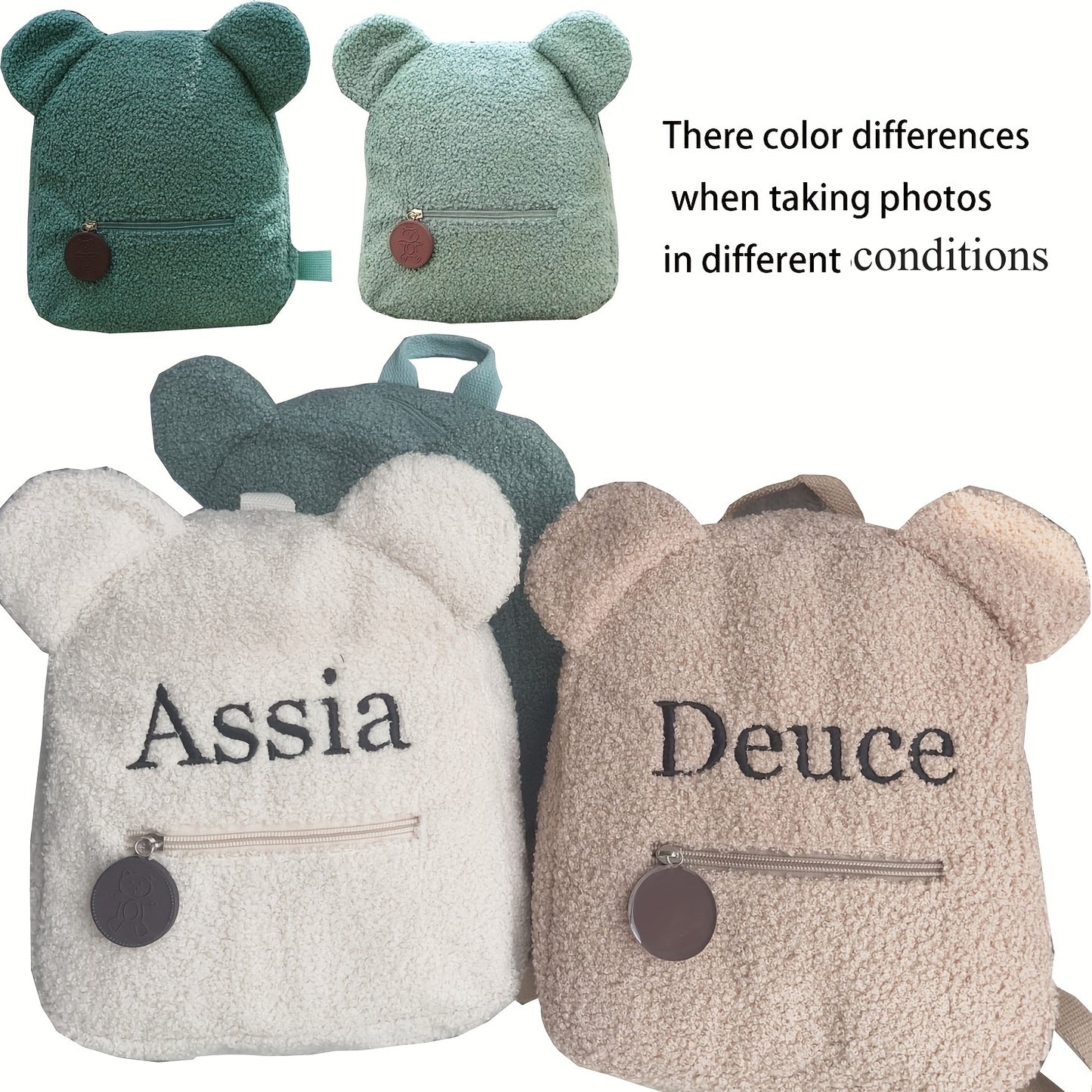 Personalised Womens Girls Cute Bear Pattern Backpack Plush Backpack for girls Custom Name Small Casual Shoulder Daypack Personalised Embroidery Cute Backpack for School Bear Ears Animal Plush Backpack Custom Name Small Backpa
