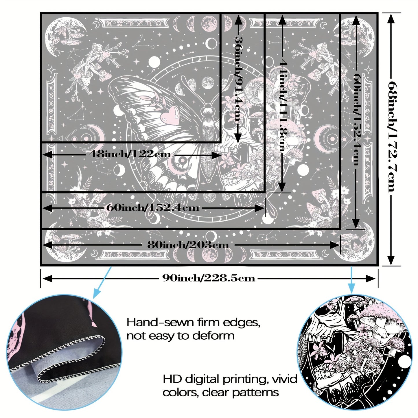 Skull Butterfly Tapestry Pink Skull Hippie Mushroom Plant Bedroom Tapestry Moon Phase Aesthetic Tapestry Living Room Dormitory Wall Hanging Tapestry Pink)