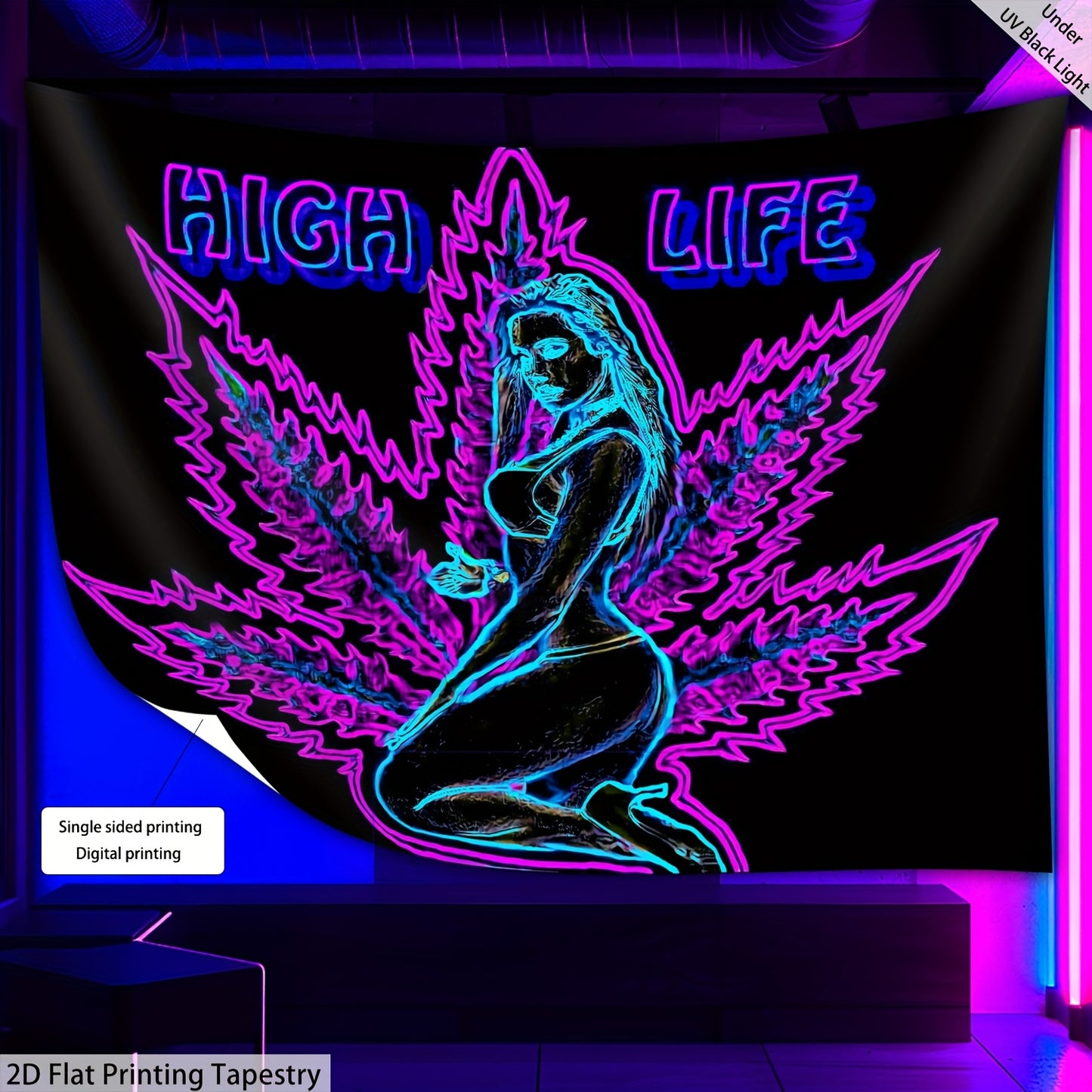 1pc High Life Leaf Pattern Fluorescent Tapestry - UV Black Light Wall Hanging for Living Room, Bedroom, Office & Party Decor - Easy Installation with Free Package, Bedroom Decor, Stylish Room Accent, Durable Room Accent