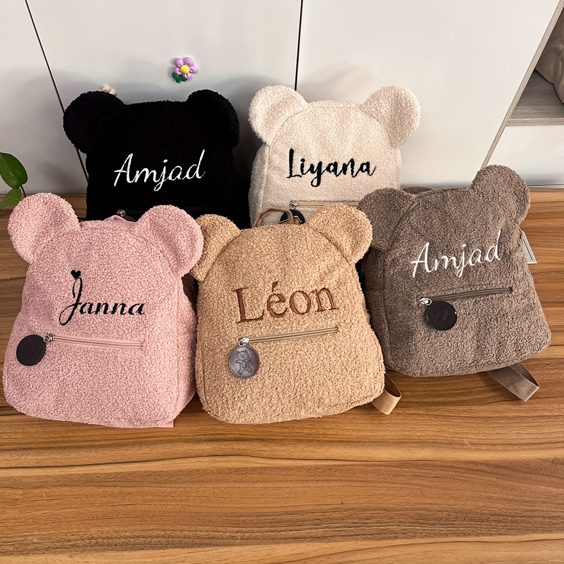 Personalised Womens Girls Cute Bear Pattern Backpack Plush Backpack for girls Custom Name Small Casual Shoulder Daypack Personalised Embroidery Cute Backpack for School Bear Ears Animal Plush Backpack Custom Name Small Backpa