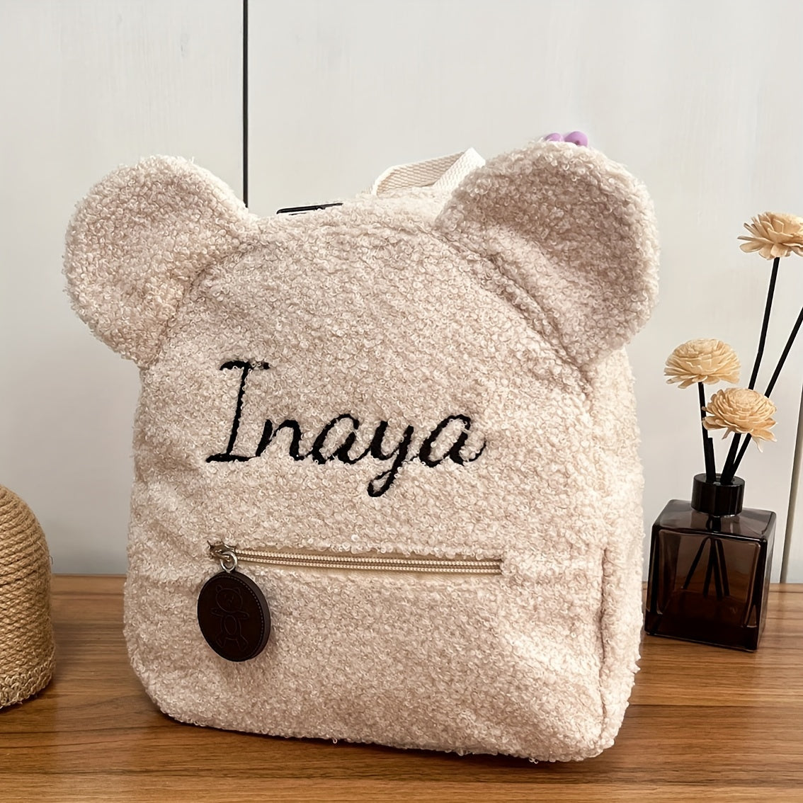 Personalised Womens Girls Cute Bear Pattern Backpack Plush Backpack for girls Custom Name Small Casual Shoulder Daypack Personalised Embroidery Cute Backpack for School Bear Ears Animal Plush Backpack Custom Name Small Backpa