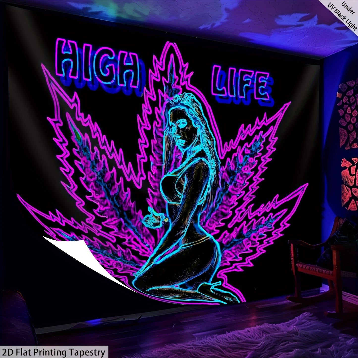 1pc High Life Leaf Pattern Fluorescent Tapestry - UV Black Light Wall Hanging for Living Room, Bedroom, Office & Party Decor - Easy Installation with Free Package, Bedroom Decor, Stylish Room Accent, Durable Room Accent