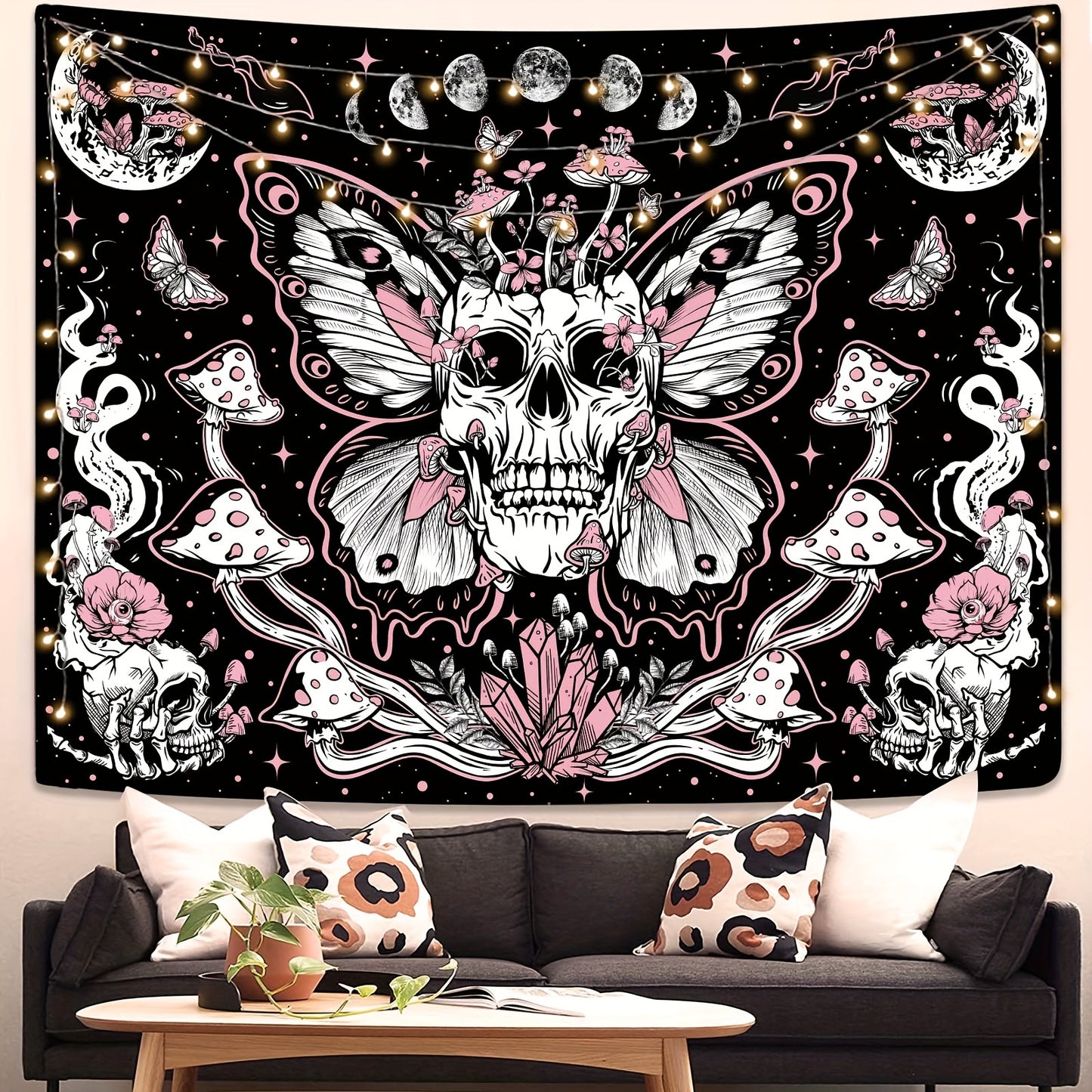 1pc Skull Floral Tapestry, Mushroom Skeleton Goth Tapestry Garden Aesthetic Tapestries For Bedroom Dorm Room Office Home Decor For Halloween