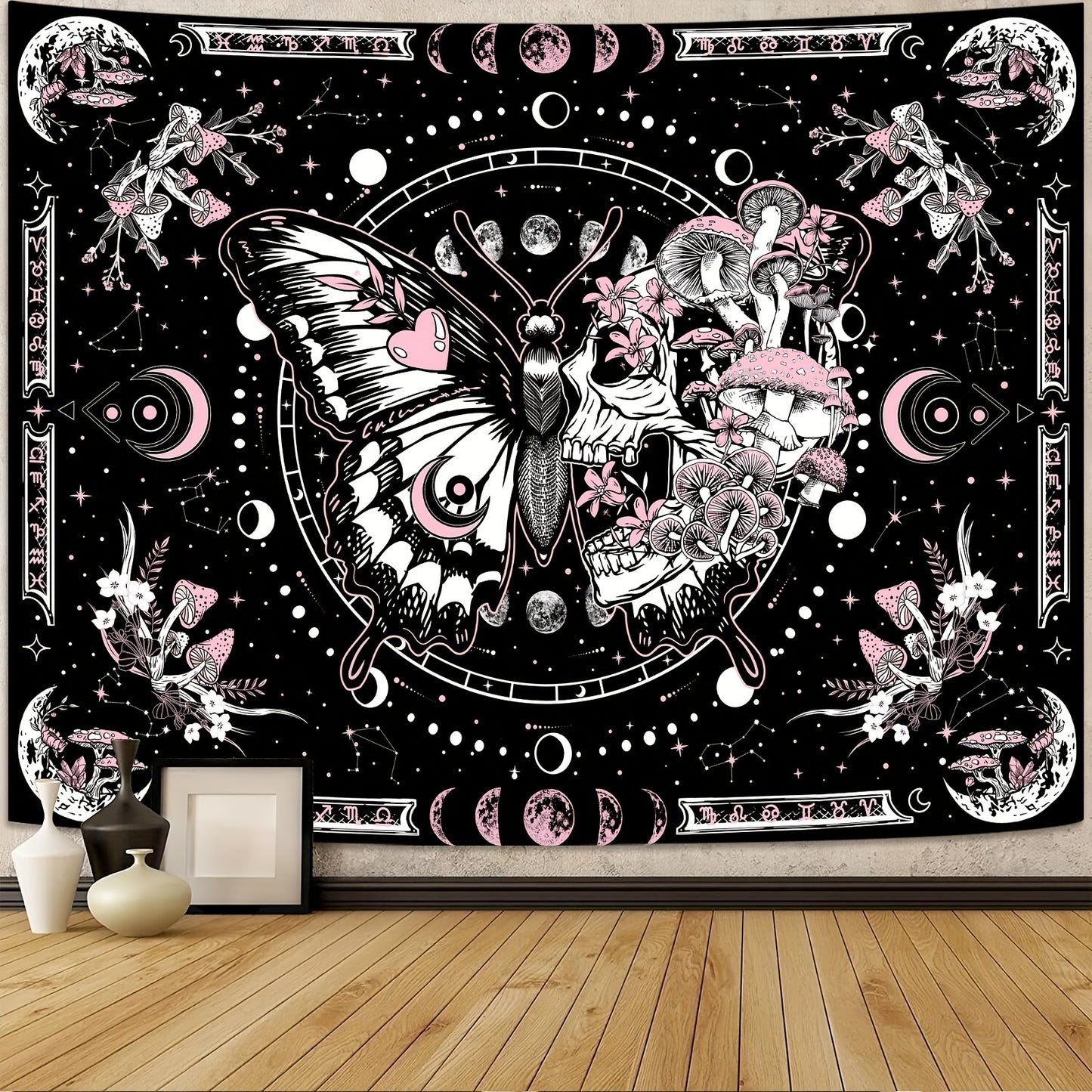 Skull Butterfly Tapestry Pink Skull Hippie Mushroom Plant Bedroom Tapestry Moon Phase Aesthetic Tapestry Living Room Dormitory Wall Hanging Tapestry Pink)