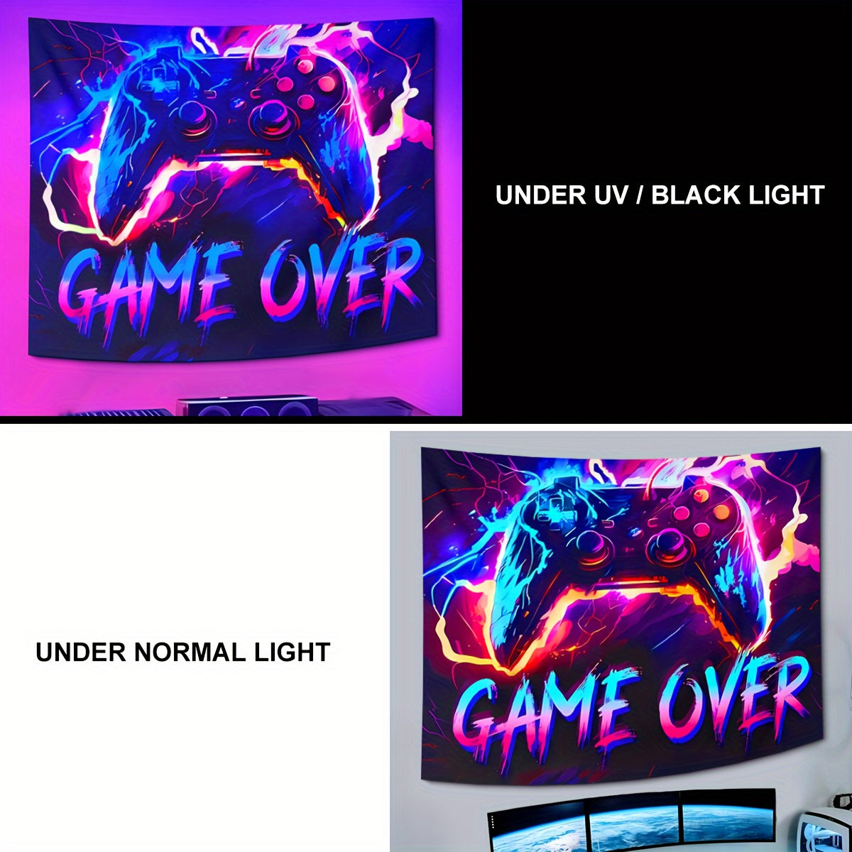 1pc Fluorescent Gaming Tapestry - Vibrant Gaming Theme, UV Blacklight Neon Lights - Ideal for Game Rooms, Dorms, Living Spaces - Enhance Your Home Decor with Dynamic Glow - Free Installation Kit Included