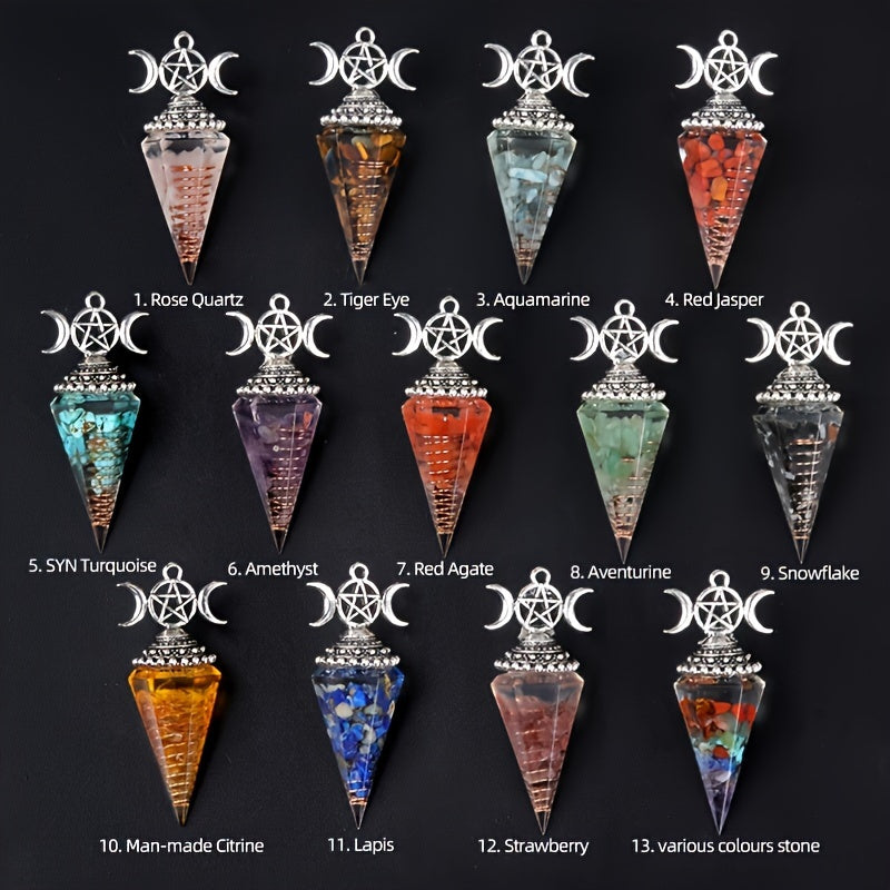 1PC Seven Chakra Gravel Resin Artificial Crystal Pendant, Divination Moon Chakra Hexagonal Cone Pendulum