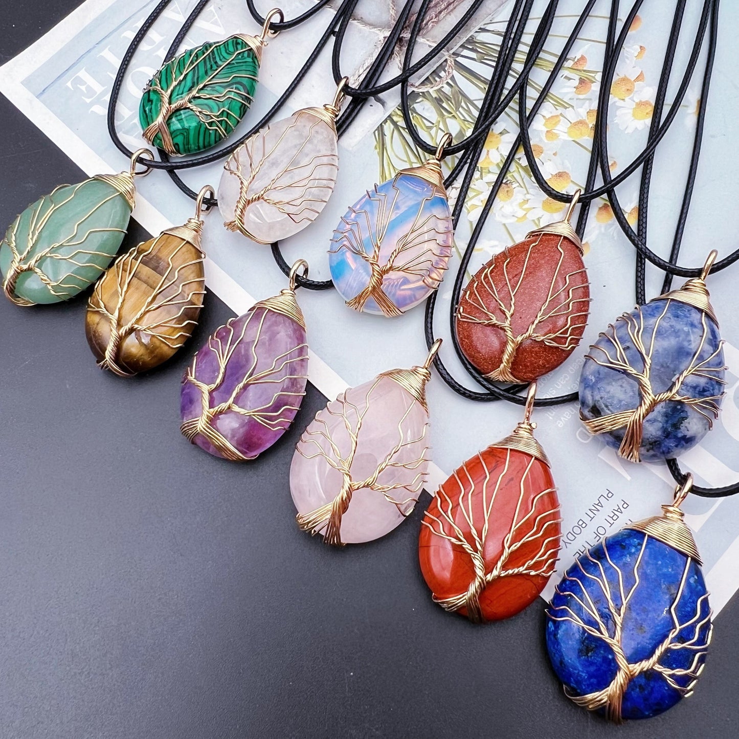 1pc Natural Crystal Droplet Cooper Tree Of Life Charm Pendant Necklace, Black Faux Leather Chakra Gemstone Jewelry Gifts For Women Men