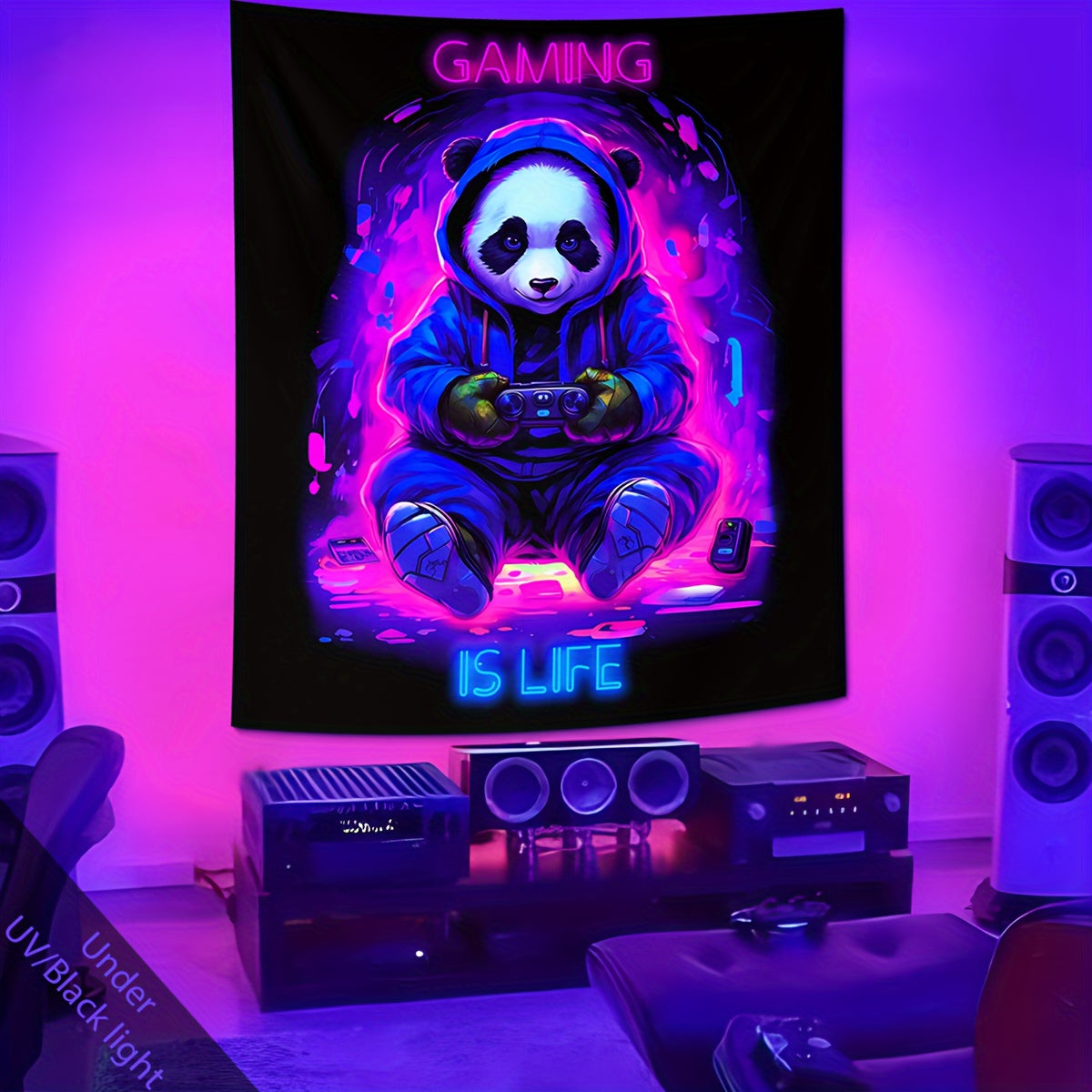 UV-Blacklight Panda Tapestry for Gamers' Rooms & Bedrooms - Easy Install, Cosmic Space Theme