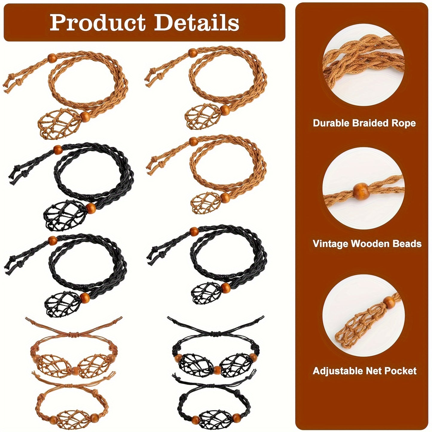 10pcs Crystal Necklace Bracelet Holder Cord, Adjustable Empty Stone Holder, Boho Cage Holder Rope for DIY Jewelry Making