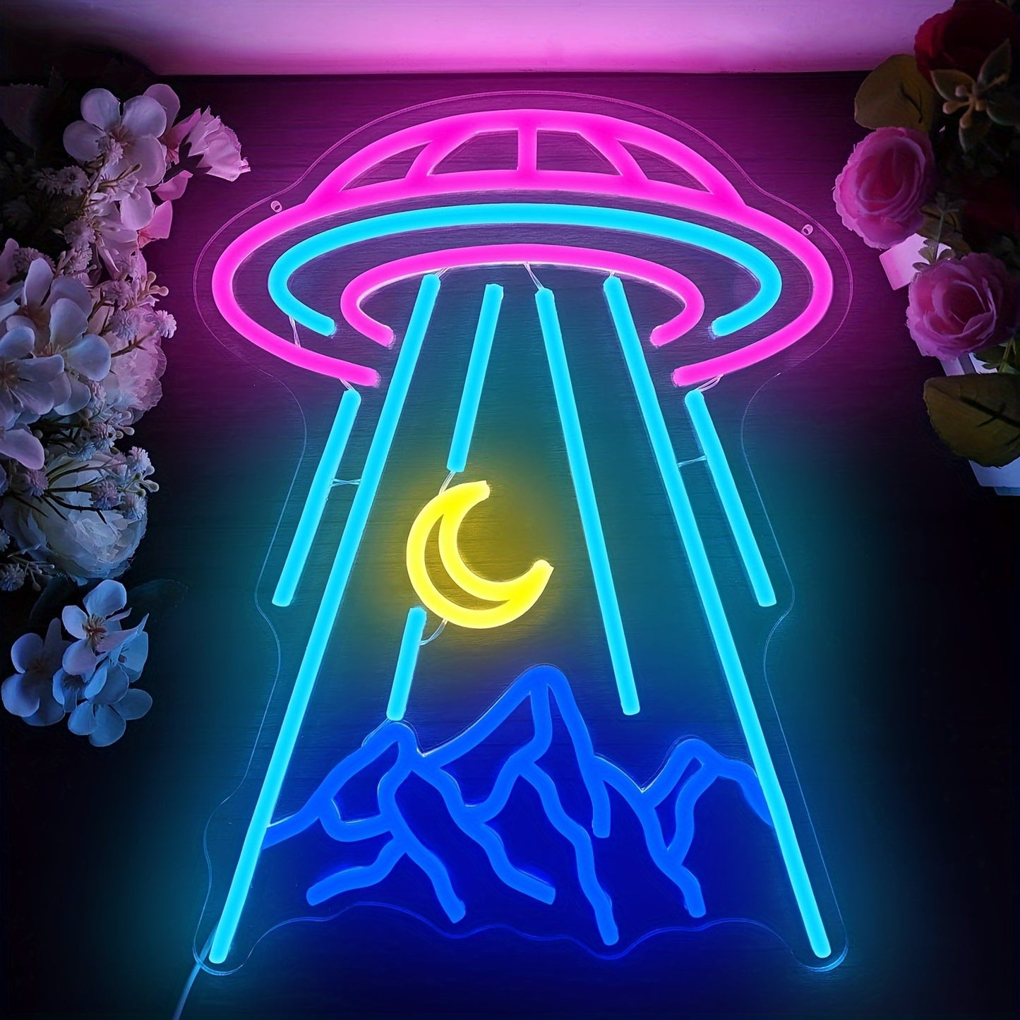 UFO & Moon LED Neon Sign - Dimmable Alien Spaceship Wall Decor for Bedroom, Game Room, Beer Bar, Nightclub, and Shop - USB Powered