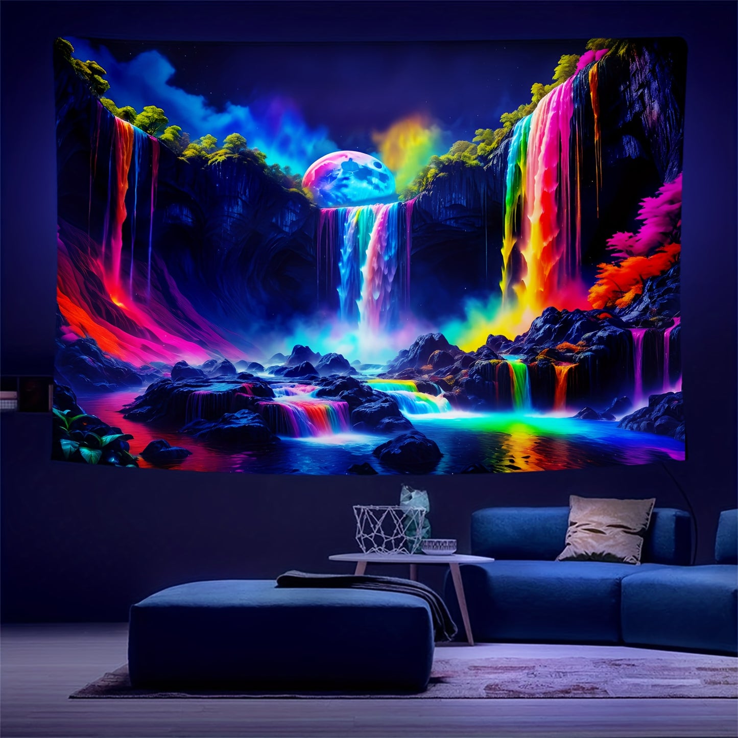 1pc  Waterfall With Rainbow Forest Nightscape Fluorescent Tapestry, Galaxy Nature Landscape Polyster UV Blacklight Tapestry, Holiday Gift, Wall Hanging For Living Room Bedroom Office Home Decor/Room Decor/Party Decor, With Fr
