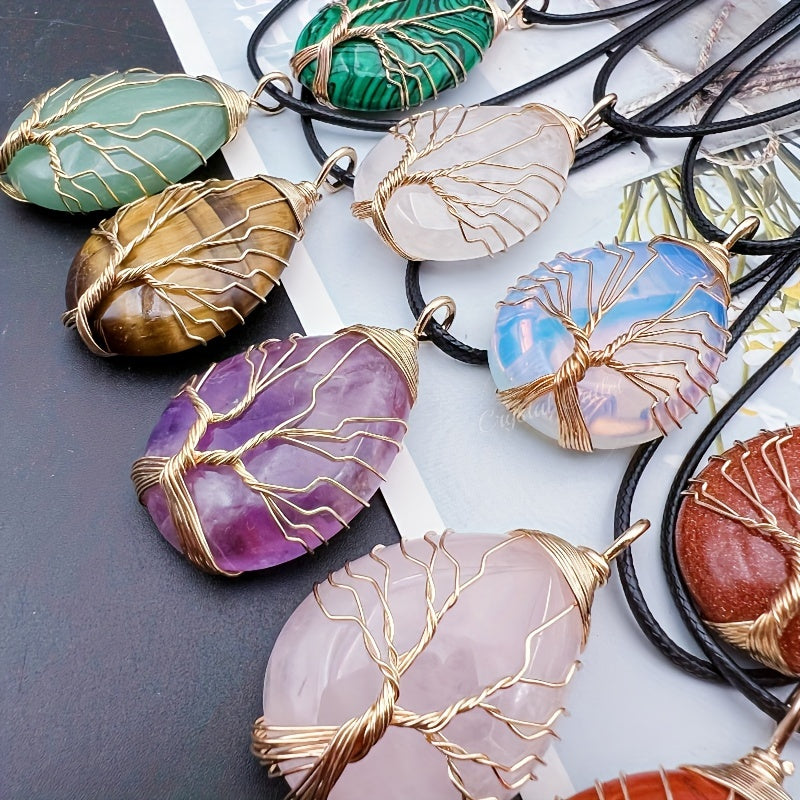 1pc Natural Crystal Droplet Cooper Tree Of Life Charm Pendant Necklace, Black Faux Leather Chakra Gemstone Jewelry Gifts For Women Men