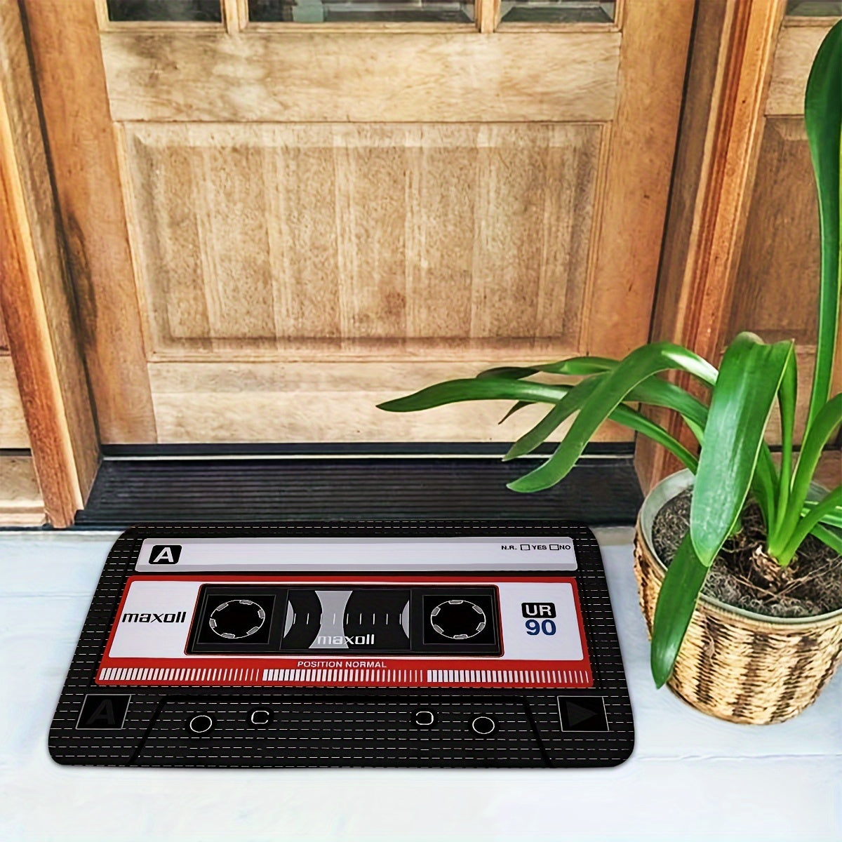 Retro Cassette Tape Design Soft Flannel Anti-Slip Rug Pad - Machine Washable, Rectangle, Braided Weave, Medium Pile, Machine Made Polyester, Non-Slip Backing for Kitchen, Bathroom, Indoor Entrance, Decorative Floor Mat for Li